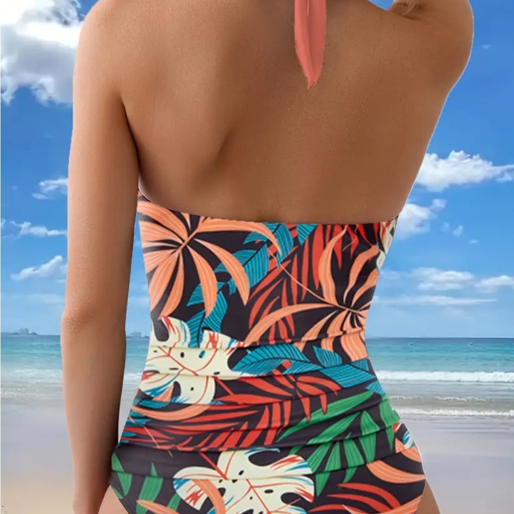 New- Tropical Print Halter Swimsuit - Picture 3 of 5